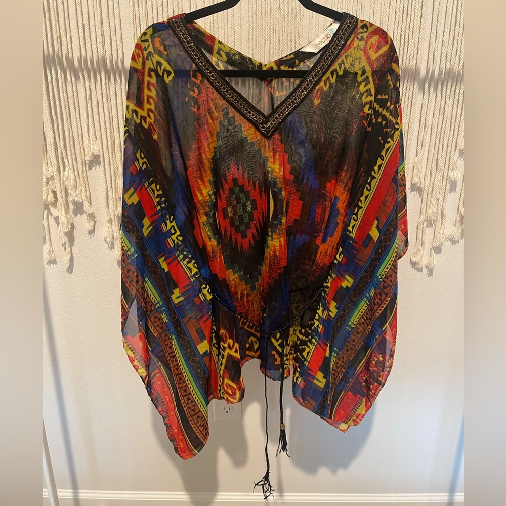 Tribal Design Boutique Chic Coverup Blouse W/ Belt Size M